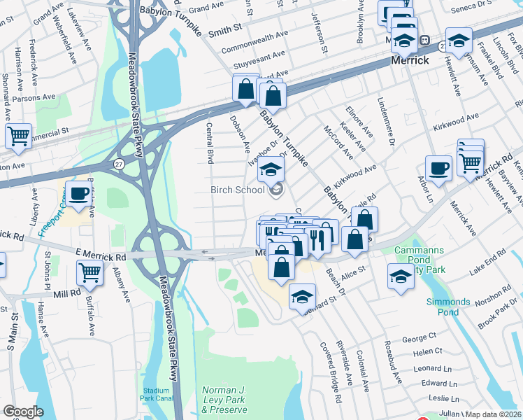 map of restaurants, bars, coffee shops, grocery stores, and more near 1770 Berkshire Road in Merrick