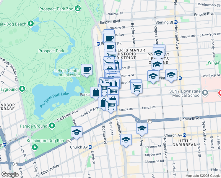 map of restaurants, bars, coffee shops, grocery stores, and more near 225 Parkside Avenue in Brooklyn