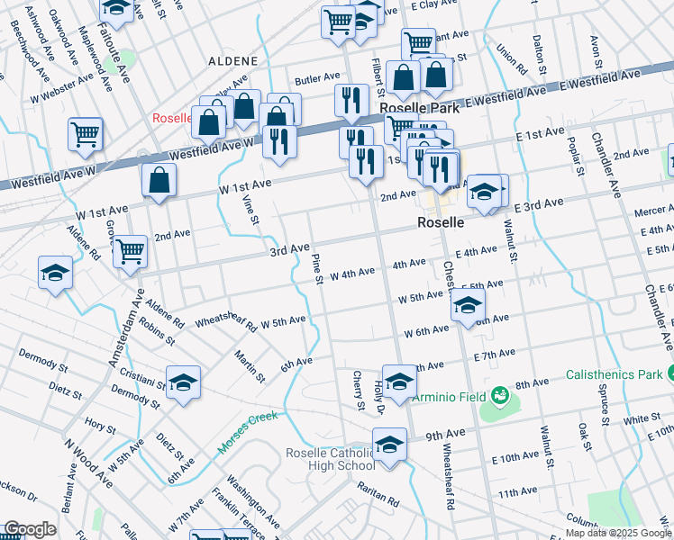 map of restaurants, bars, coffee shops, grocery stores, and more near 242 West 4th Avenue in Roselle