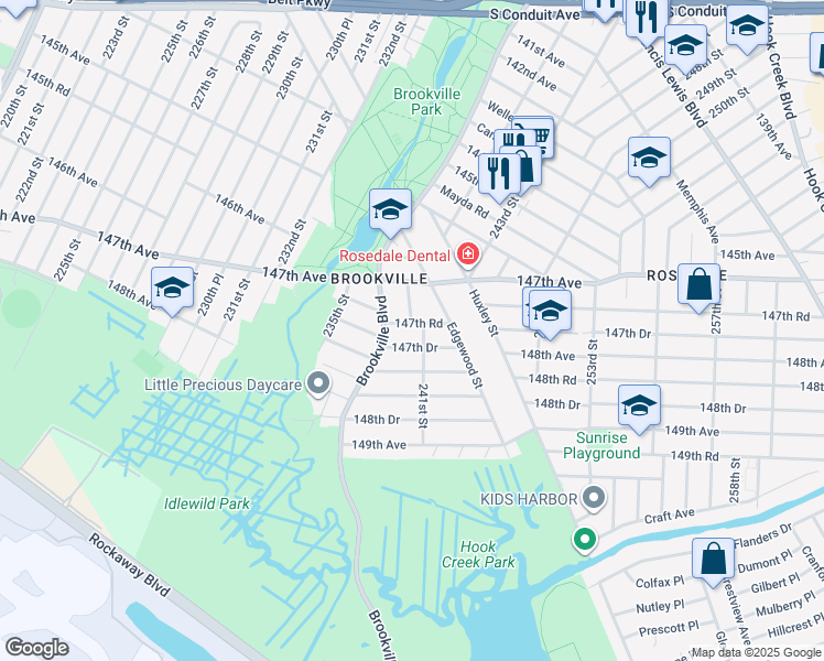 map of restaurants, bars, coffee shops, grocery stores, and more near 239-06 147th Road in Queens
