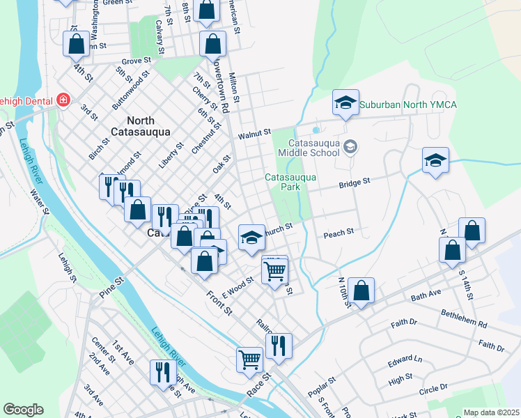 map of restaurants, bars, coffee shops, grocery stores, and more near 431 Bridge Street in Catasauqua
