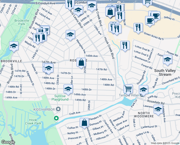 map of restaurants, bars, coffee shops, grocery stores, and more near 257-23 147th Drive in Queens