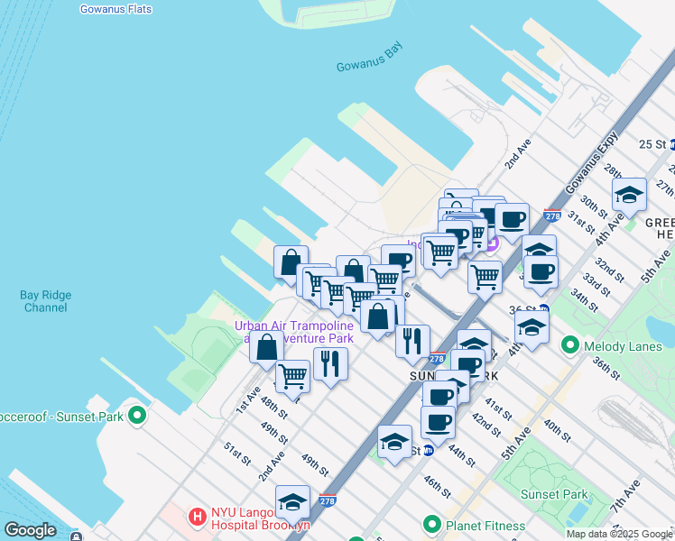 map of restaurants, bars, coffee shops, grocery stores, and more near 4000 1st Avenue in Brooklyn