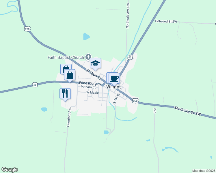 map of restaurants, bars, coffee shops, grocery stores, and more near 200 West Main Street in Wilmot