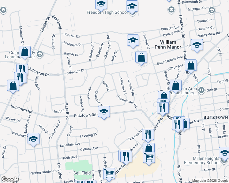 map of restaurants, bars, coffee shops, grocery stores, and more near 2953 Westminster Road in Bethlehem