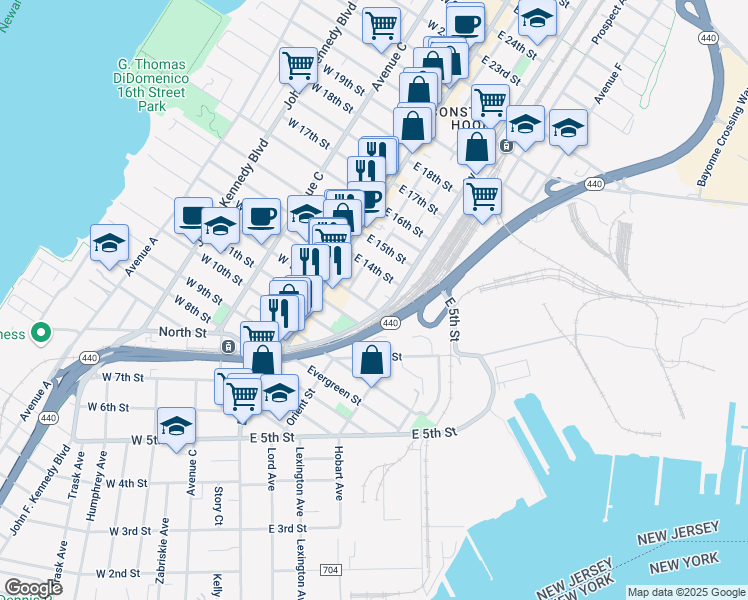 map of restaurants, bars, coffee shops, grocery stores, and more near 45 East 12th Street in Bayonne