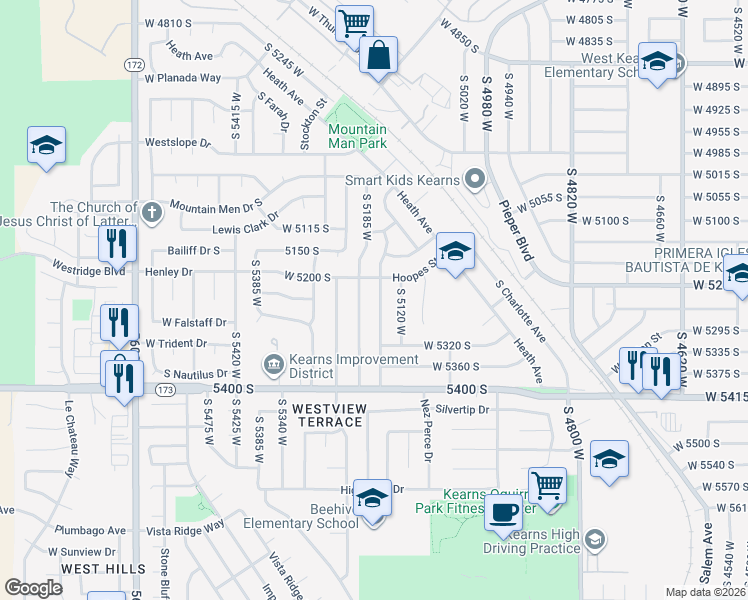 map of restaurants, bars, coffee shops, grocery stores, and more near 5240 South 5160 West in Kearns