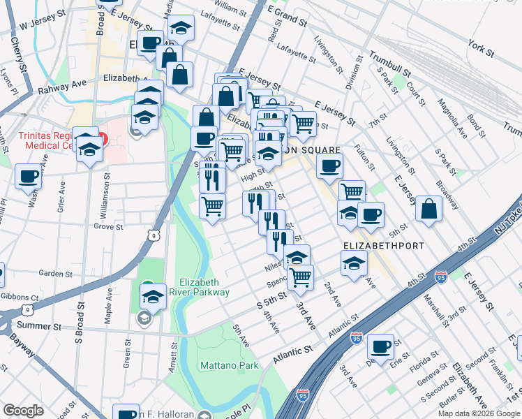 map of restaurants, bars, coffee shops, grocery stores, and more near 234 Christine Street in Elizabeth