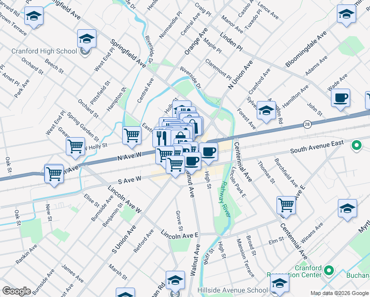 map of restaurants, bars, coffee shops, grocery stores, and more near 16 North Avenue West in Cranford