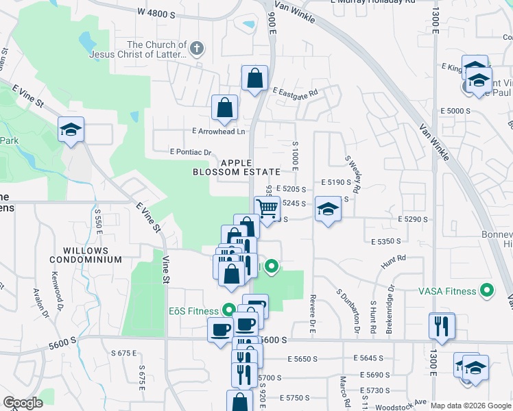 map of restaurants, bars, coffee shops, grocery stores, and more near 5245 900 East in Millcreek