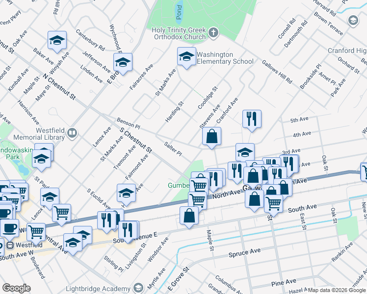 map of restaurants, bars, coffee shops, grocery stores, and more near 612 Benson Place in Westfield
