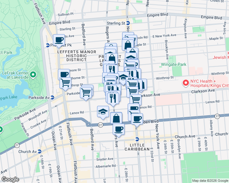 map of restaurants, bars, coffee shops, grocery stores, and more near 636 Rogers Avenue in Brooklyn
