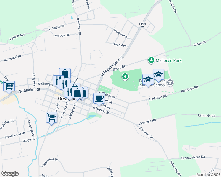 map of restaurants, bars, coffee shops, grocery stores, and more near 275 N Perry St in Orwigsburg