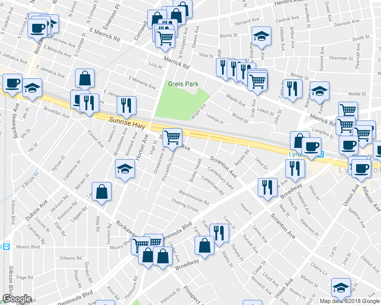 map of restaurants, bars, coffee shops, grocery stores, and more near 118 Scranton Avenue in Lynbrook