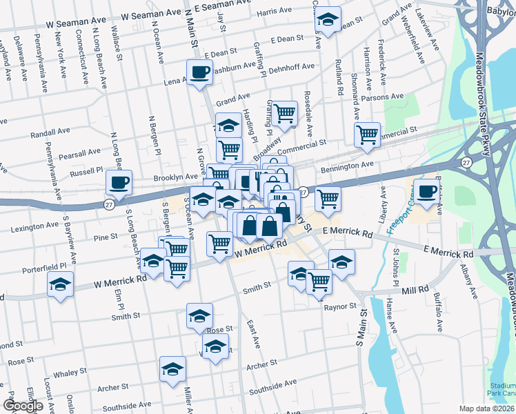 map of restaurants, bars, coffee shops, grocery stores, and more near 41 Church St in Freeport