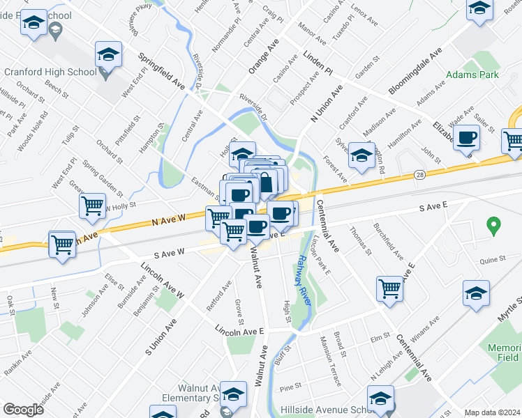 map of restaurants, bars, coffee shops, grocery stores, and more near 2 South Union Avenue in Cranford