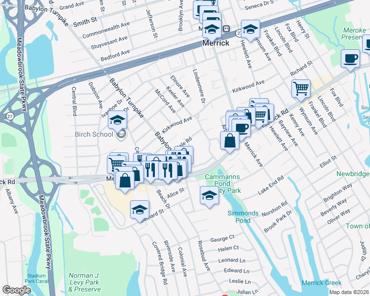 map of restaurants, bars, coffee shops, grocery stores, and more near 40 Beverly Road in Merrick