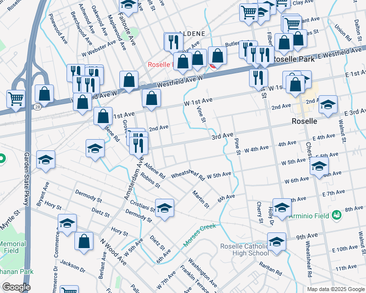 map of restaurants, bars, coffee shops, grocery stores, and more near 467 West 3rd Avenue in Roselle