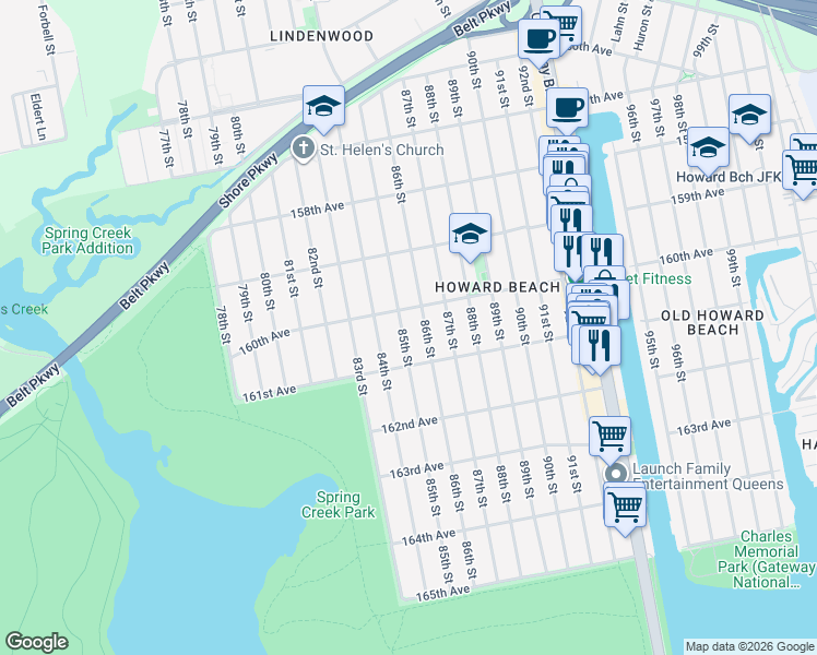 map of restaurants, bars, coffee shops, grocery stores, and more near 160-15 85th Street in Queens