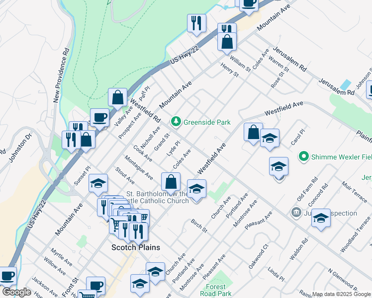 map of restaurants, bars, coffee shops, grocery stores, and more near 2097 Coles Avenue in Scotch Plains