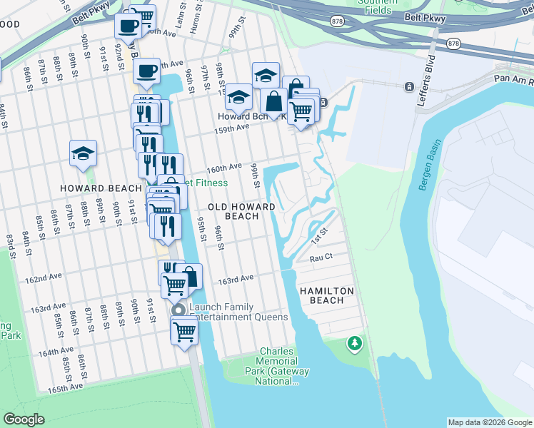 map of restaurants, bars, coffee shops, grocery stores, and more near 161-21 99th Street in Queens
