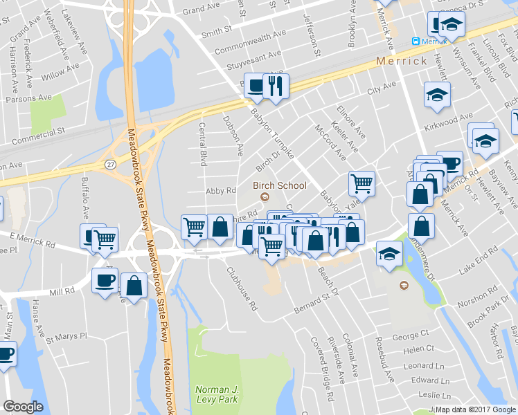 map of restaurants, bars, coffee shops, grocery stores, and more near 1770 Berkshire Road in Merrick
