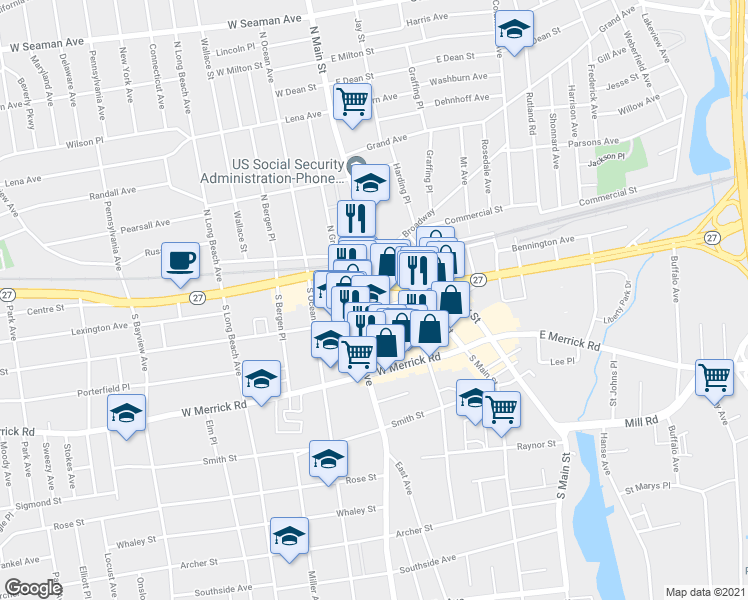 map of restaurants, bars, coffee shops, grocery stores, and more near 46 Pine Street in Freeport