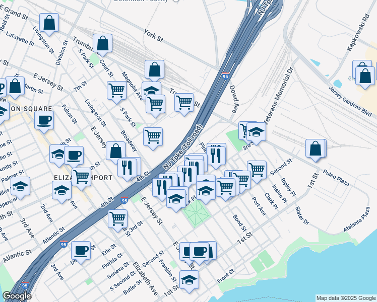 map of restaurants, bars, coffee shops, grocery stores, and more near 358 Bond Street in Elizabeth