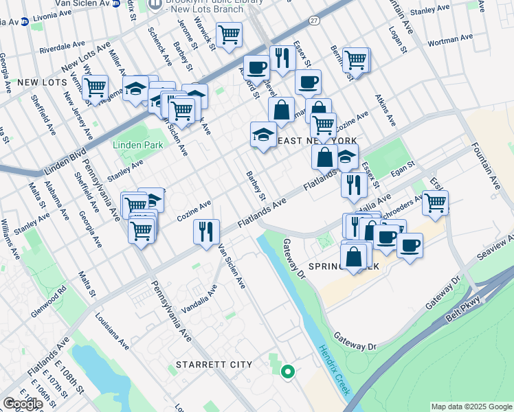 map of restaurants, bars, coffee shops, grocery stores, and more near 1013 Schenck Avenue in Brooklyn