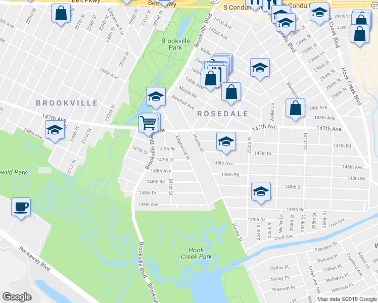 map of restaurants, bars, coffee shops, grocery stores, and more near 147-51 Edgewood Street in Queens