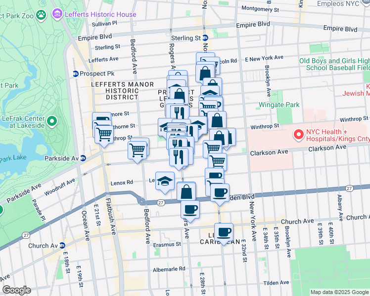 map of restaurants, bars, coffee shops, grocery stores, and more near 620 Parkside Avenue in Brooklyn