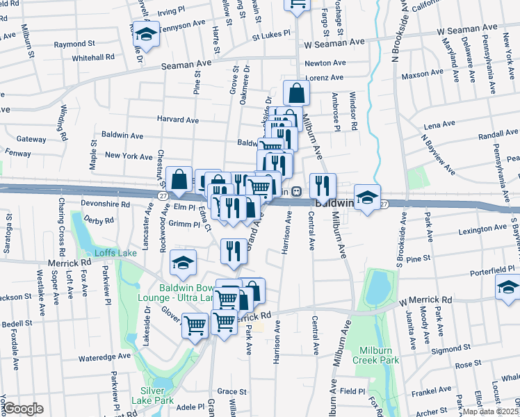 map of restaurants, bars, coffee shops, grocery stores, and more near 2253 Grand Avenue in Baldwin