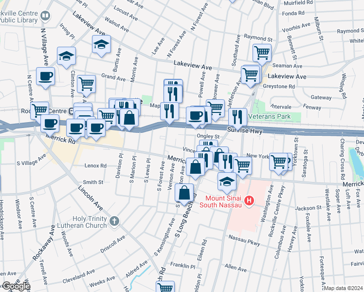 map of restaurants, bars, coffee shops, grocery stores, and more near 31 Vincent Street in Rockville Centre