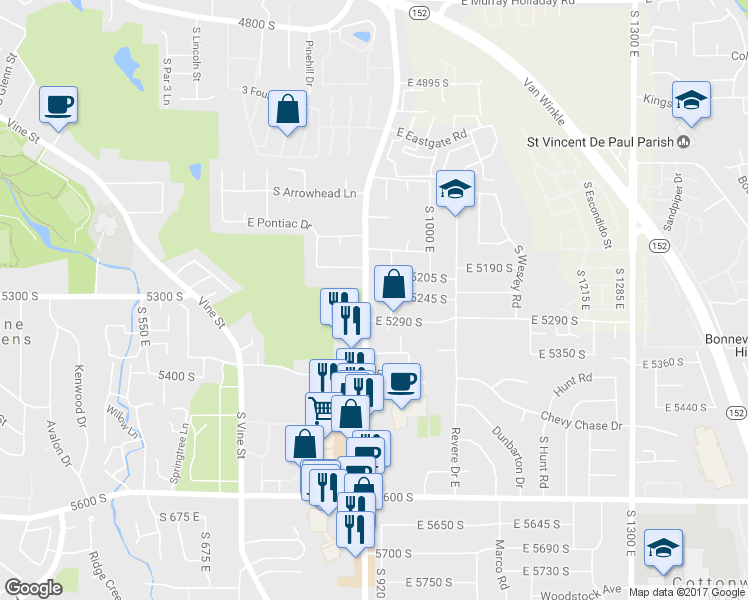 map of restaurants, bars, coffee shops, grocery stores, and more near 5245 South 900 East in Salt Lake City