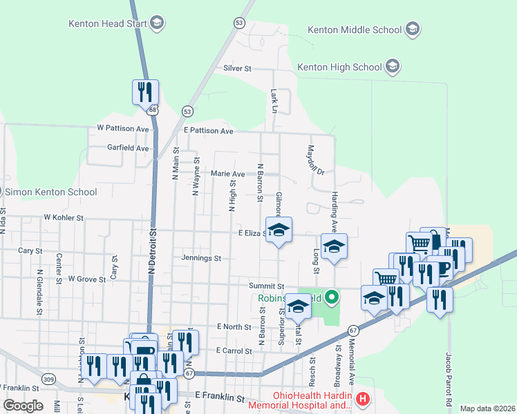 map of restaurants, bars, coffee shops, grocery stores, and more near 639 N Barron St in Kenton