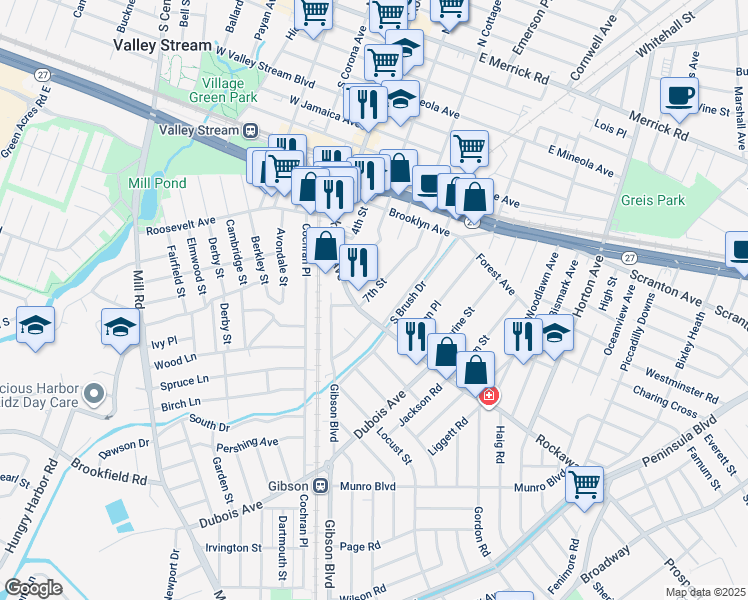 map of restaurants, bars, coffee shops, grocery stores, and more near 12 7th Street in Valley Stream