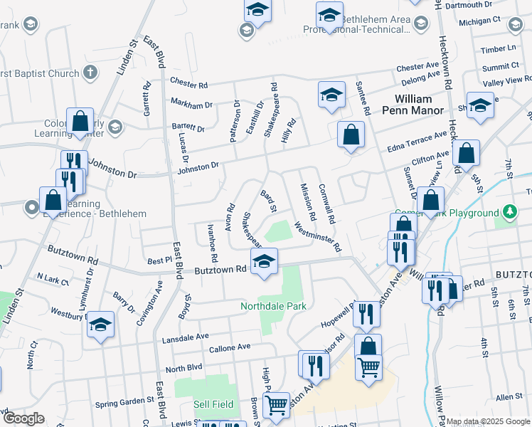 map of restaurants, bars, coffee shops, grocery stores, and more near 1937 Greenleaf Street in Bethlehem