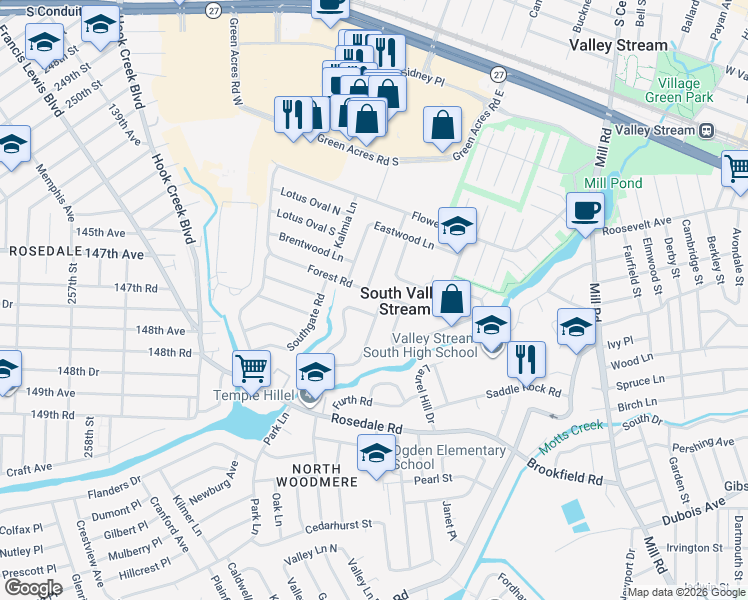 map of restaurants, bars, coffee shops, grocery stores, and more near 30 Brook Road in Valley Stream