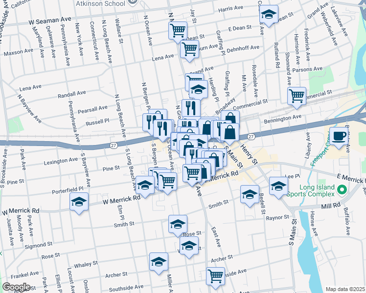 map of restaurants, bars, coffee shops, grocery stores, and more near 30 North Grove Street in Freeport