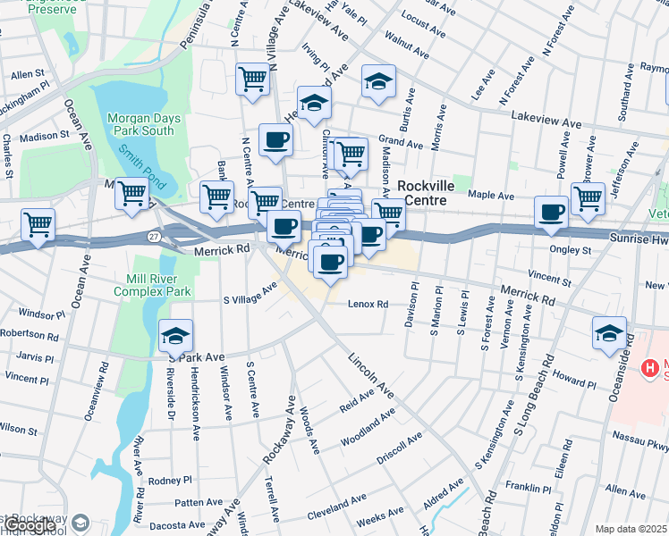 map of restaurants, bars, coffee shops, grocery stores, and more near 274 Merrick Road in Rockville Centre