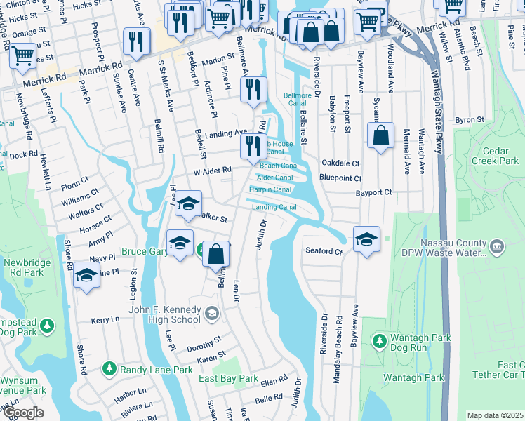 map of restaurants, bars, coffee shops, grocery stores, and more near 2775 Boundary Road in Bellmore