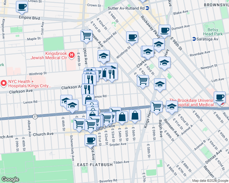 map of restaurants, bars, coffee shops, grocery stores, and more near 169 East 53rd Street in Brooklyn