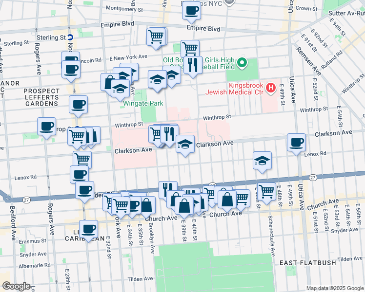 map of restaurants, bars, coffee shops, grocery stores, and more near 581 Clarkson Avenue in Brooklyn