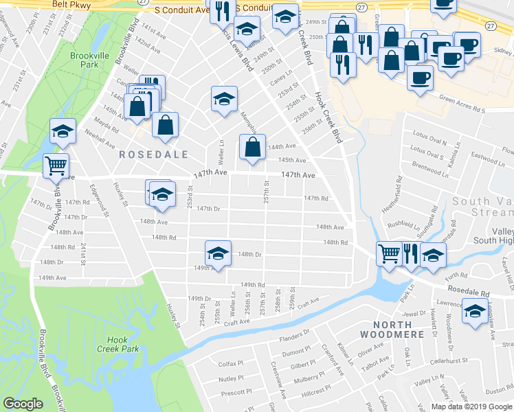 map of restaurants, bars, coffee shops, grocery stores, and more near 255-43 147th Drive in Queens