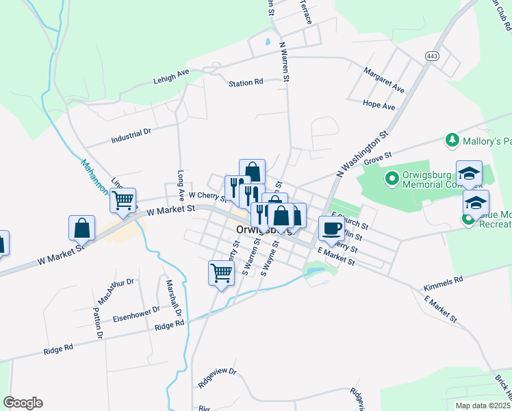 map of restaurants, bars, coffee shops, grocery stores, and more near 128 North Liberty Street in Orwigsburg