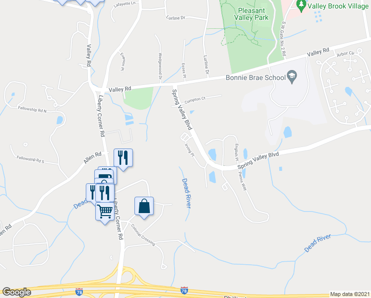 map of restaurants, bars, coffee shops, grocery stores, and more near 157 Irving Place in Basking Ridge