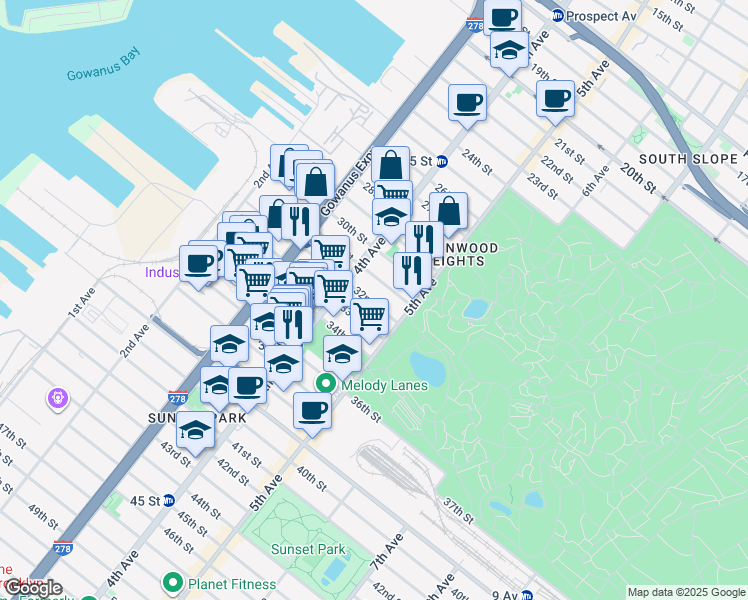 map of restaurants, bars, coffee shops, grocery stores, and more near 183A 32nd Street in Brooklyn