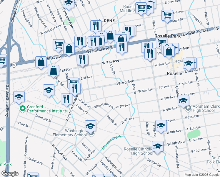 map of restaurants, bars, coffee shops, grocery stores, and more near 357 West 3rd Avenue in Roselle