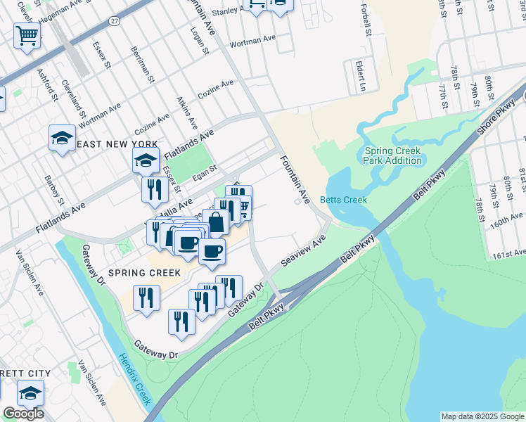 map of restaurants, bars, coffee shops, grocery stores, and more near 895 Erskine Street in Brooklyn