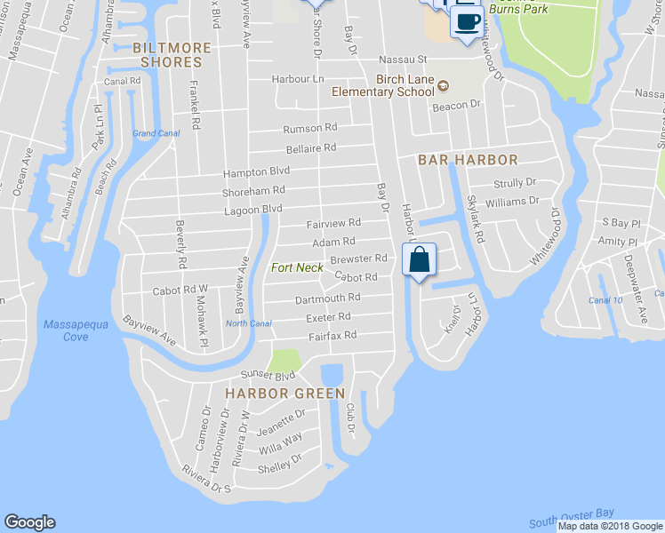 map of restaurants, bars, coffee shops, grocery stores, and more near 126 Brewster Road in Massapequa